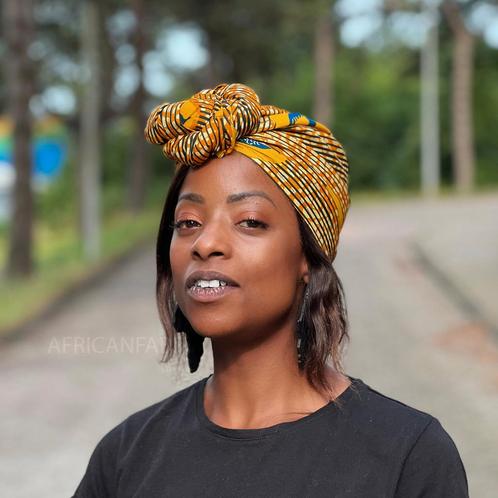 Afrikaanse hoofddoek / Vlisco headwrap - Gele Speedbird, Kleding | Dames, Hoeden en Petten, Nieuw, Ophalen of Verzenden
