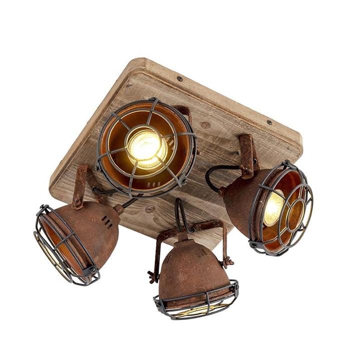Industriële spot roestbruin met hout kantelbaar 4-lichts -, Huis en Inrichting, Lampen | Spots, Nieuw, Verzenden