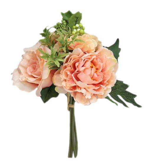 Roos met pioen +blad boeketje 28cm. champ/zalm flowerwall, Huis en Inrichting, Woonaccessoires | Kunstplanten en Kunstbloemen