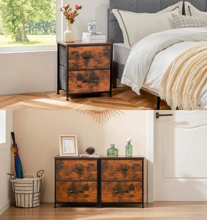 Nieuw Nachtkastje met 2 lades - Bruin, Zwart, Grijs of Wit, Huis en Inrichting, Tafels | Bijzettafels, Nieuw, Rechthoekig, Verzenden