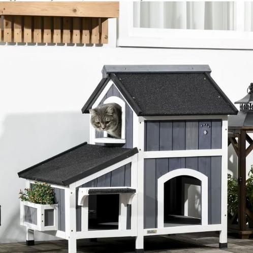 2-laags Houten Kattenhuis –Buitenhuis met Asfaltdak en Ingan, Dieren en Toebehoren, Kattenmanden, Nieuw, Verzenden