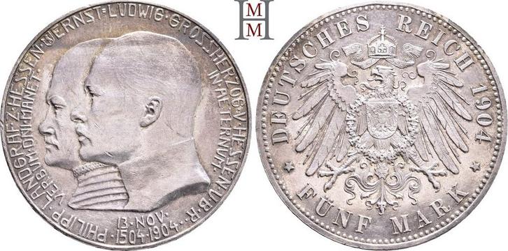 5 Mark 1904 (a) Reichszilvermunten Hessen Ernst Ludwig, 1..., Postzegels en Munten, Munten | Europa | Niet-Euromunten, Verzenden
