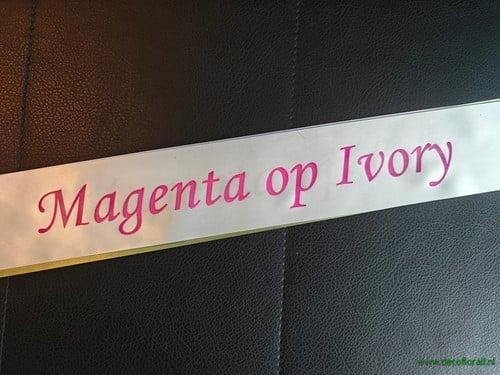 Bedrukt lint Ivory met Magenta opdruk 45 mm 50 cm, Huis en Inrichting, Woonaccessoires | Kunstplanten en Kunstbloemen, Nieuw, Ophalen of Verzenden