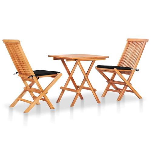 vidaXL 3-delige Bistroset met zwarte kussens massief, Tuin en Terras, Tuinsets en Loungesets, Nieuw, 3 zitplaatsen, Teakhout, Verzenden