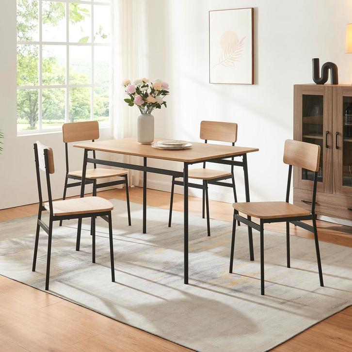 Eetkamerset Pollenev 5-delig eikenkleurig en zwart [en.casa], Huis en Inrichting, Tafels | Eettafels, Verzenden