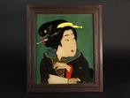 Reverse Glass Painting – Framed Ukiyo-e Beauty Holding a Fan