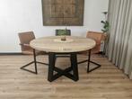 Massief Eiken ronde tafel met Metalen dubbele U Poot, Nieuw, 100 tot 150 cm, 100 tot 150 cm, Vijf personen of meer