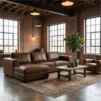 Leren hoekbank Fine - 2 zits arm rechts + longchair links -, Hoekbank, Nieuw, Ophalen of Verzenden, Modern