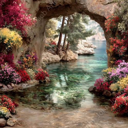 John Joseb schilderij bloemen doorkijk, rots aan zee / meer, Huis en Inrichting, Woonaccessoires | Schilderijen, Tekeningen en Foto's