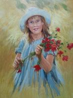 Nederlandse school (XX) - Meisje met hoed en rode bloemen