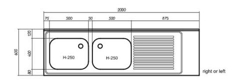 RVS Spoeltafelblad | dubbele spoelbak rechts | 200 x 60 x..., Zakelijke goederen, Horeca | Meubilair en Inrichting, Verzenden