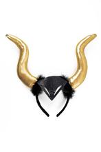 Haarband Hoorns Goud Zwart Dons Duivel Diadeem Halloween Dui, Ophalen of Verzenden, Nieuw, Halloween, Accessoires