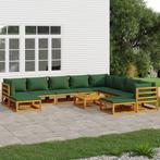 vidaXL 11-delige Loungeset met groene kussens massief hout, Verzenden, Nieuw, Hardhout, Loungeset