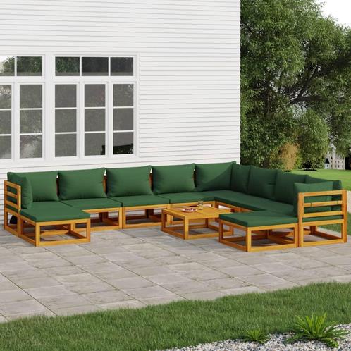 vidaXL 11-delige Loungeset met groene kussens massief hout, Tuin en Terras, Tuinsets en Loungesets, Loungeset, Nieuw, Hardhout