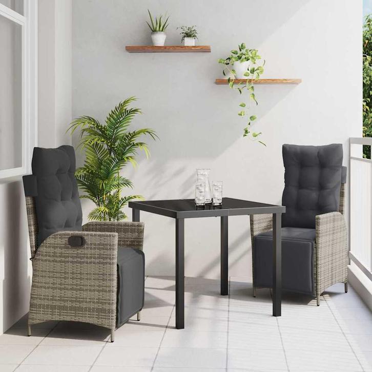 vidaXL Tuin eettafelset met kussen 3 pcs Grijs poly rattan, Tuin en Terras, Tuinsets en Loungesets, Nieuw, Rotan, Verzenden