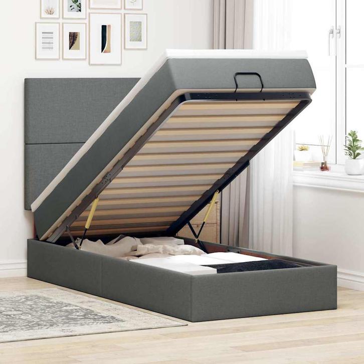 vidaXL Ottoman bed met matras en LEDs 100x200cm stof, Huis en Inrichting, Slaapkamer | Bedden, 100 cm, 200 cm, Grijs, Eenpersoons