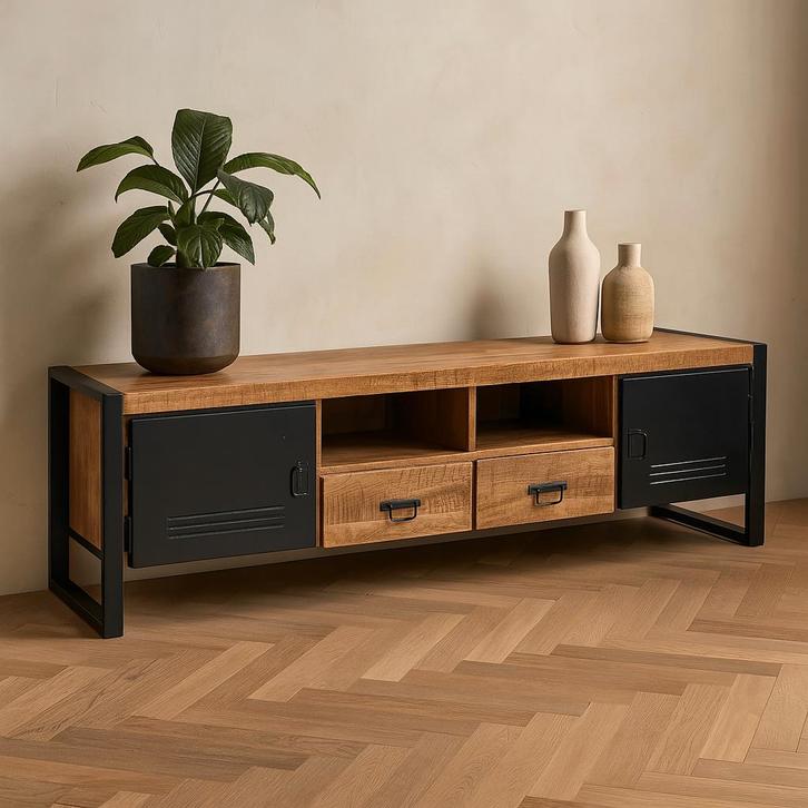 Tv-meubel Mangohout Nola 200 cm, Huis en Inrichting, Kasten | Televisiemeubels, 25 tot 50 cm, Nieuw, Overige houtsoorten, Minder dan 100 cm