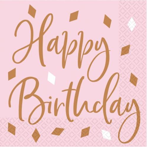 Servetten Happy Birthday Rose Goud 33cm 16st, Hobby en Vrije tijd, Feestartikelen, Nieuw, Verzenden