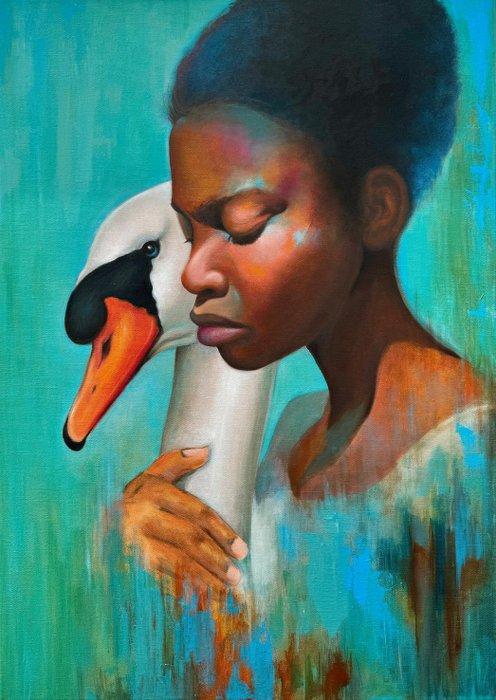R. Sekar - Frau umarmt Schwan, Antiek en Kunst, Kunst | Schilderijen | Modern
