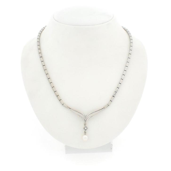 Witgouden collier met parel en diamant | 0,05 ct. (ketting), Sieraden, Tassen en Uiterlijk, Kettingen, Overige kleuren, Gebruikt