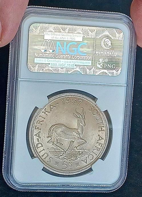 Zuid-Afrika. 5 Shilling 1957 Springbok Elizabeth II 5S 50%, Postzegels en Munten, Munten | Europa | Niet-Euromunten