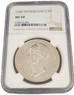 Koning Willem II 2 1/2 gulden 1848 MS60 NGC, Postzegels en Munten, Munten | Nederland, Zilver, Losse munt, Verzenden