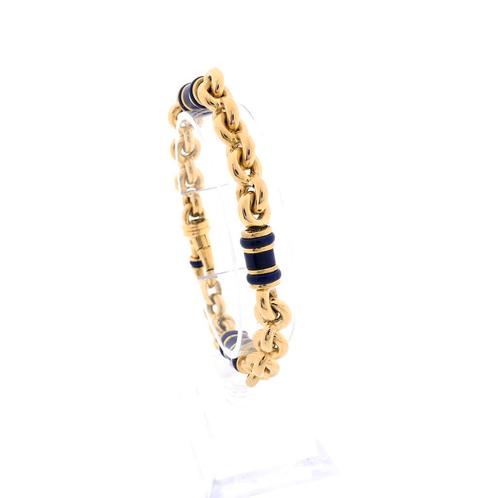 18 krt. Vintage gouden jasseron schakel armband met lapis..., Sieraden, Tassen en Uiterlijk, Armbanden, Overige kleuren, Gebruikt