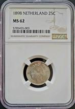 Koningin Wilhelmina 25 cent 1898 MS62 gecertificeerd NGC, Postzegels en Munten, Verzenden, Zilver, 25 cent, Koningin Wilhelmina