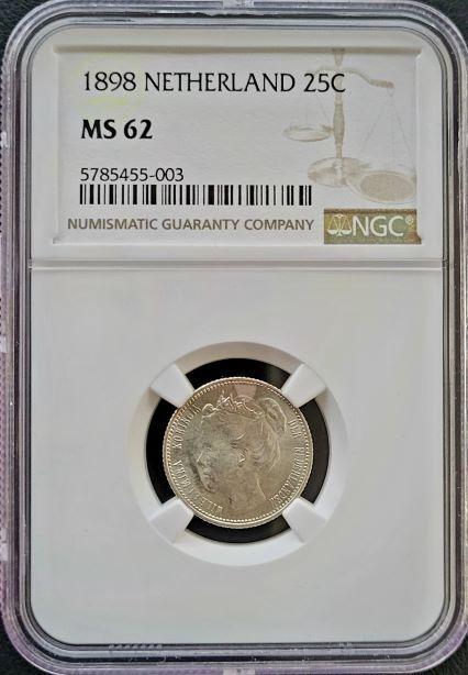 Koningin Wilhelmina 25 cent 1898 MS62 gecertificeerd NGC, Postzegels en Munten, Munten | Nederland, Losse munt, 25 cent, Koningin Wilhelmina