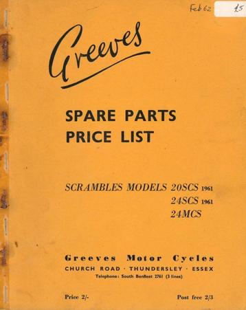 1962 - Greeves - Spare Parts Prijslijst - Scrambles Models beschikbaar voor biedingen