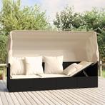 vidaXL Loungebed met luifel en kussens poly rattan zwart, Tuin en Terras, Ligbedden, Verzenden, Nieuw