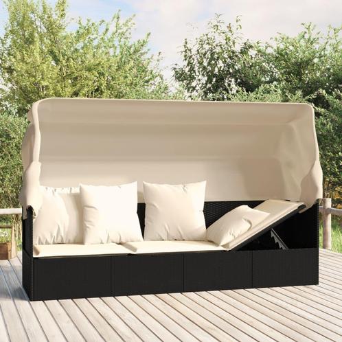 vidaXL Loungebed met luifel en kussens poly rattan zwart, Tuin en Terras, Ligbedden, Nieuw, Verzenden