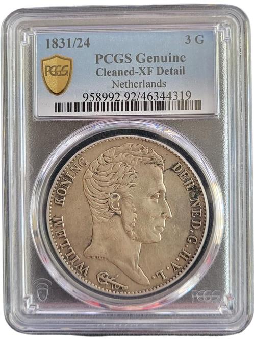 Koning Willem I 3 Gulden 1831/24 overslag Utrecht PCGS, Postzegels en Munten, Munten | Nederland, Losse munt, Zilver, Verzenden