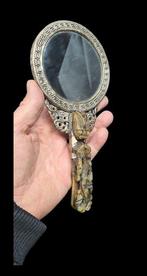 Metal mirror with a hard stone handle with stone inlays -, Nieuw