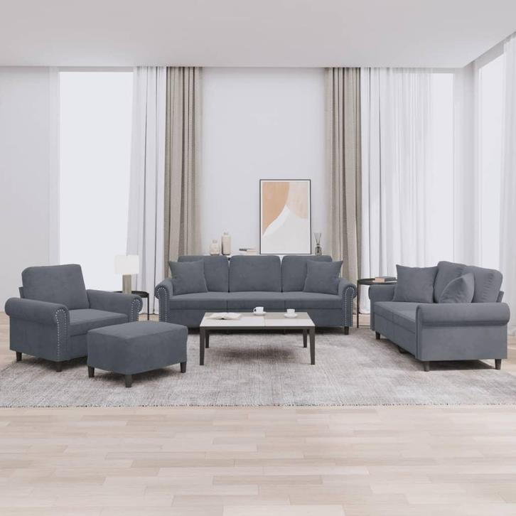 vidaXL 4-delige Loungeset met kussens fluweel donkergrijs, Huis en Inrichting, Banken | Bankstellen, Nieuw, Stof, Vierpersoons of meer