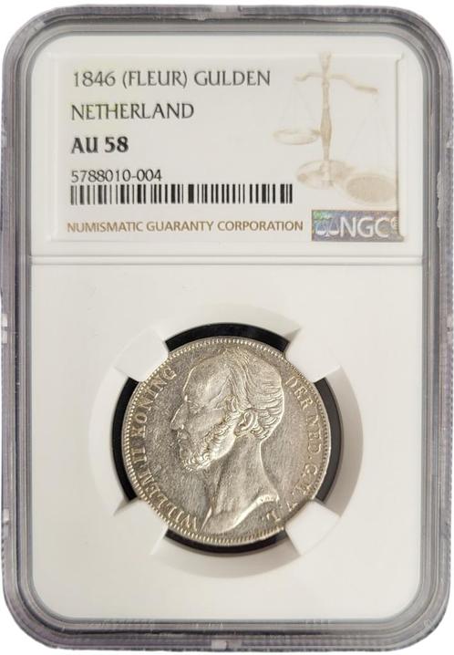 Koning Willem II 1 gulden 1846 lelie AU58 NGC gecertificeerd, Postzegels en Munten, Munten | Nederland, Losse munt, 1 gulden, Koning Willem II