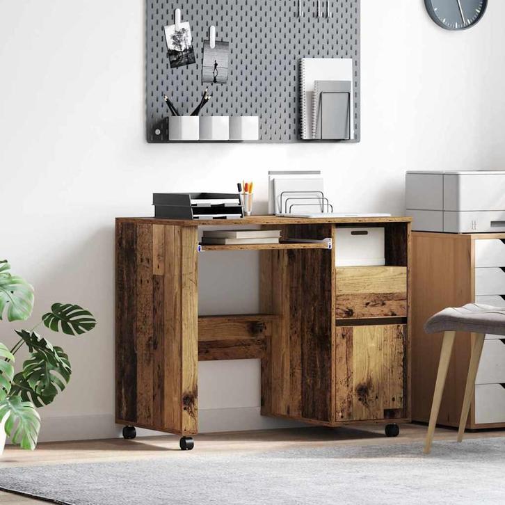 vidaXL Bureau met Wielen Oud Hout 91 x 50 x 77 cm Bewerkt, Huis en Inrichting, Bureaus, Nieuw, Verzenden