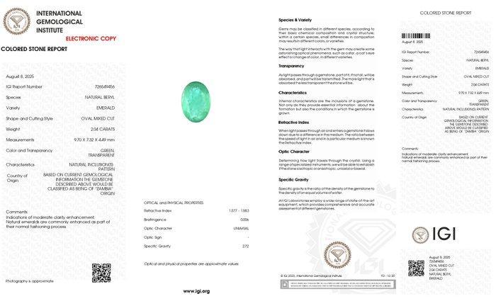1 pcs Groen Smaragd - 2.04 ct - International Gemological, Sieraden, Tassen en Uiterlijk, Edelstenen
