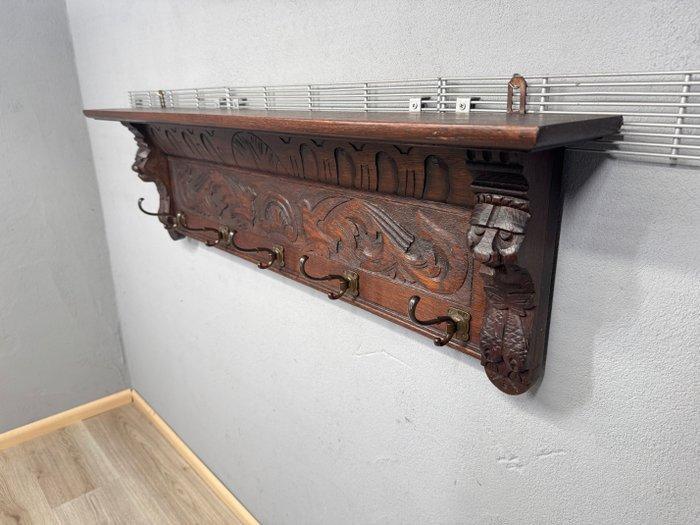 Houten kapstok met houtsnijwerk en messing haken - Kapstok -, Antiek en Kunst, Curiosa en Brocante