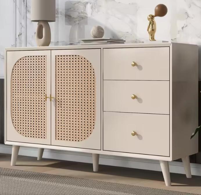Keukendressoir Rotan Look – 3 Lades & 2 Deuren Off-White, Huis en Inrichting, Keuken | Keukenelementen, Nieuw, Verzenden
