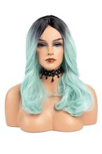 Luxe Lange Mintgroene Zwarte Pruik Curtain Bangs Pony Haarwe, Ophalen of Verzenden, Nieuw, Carnaval