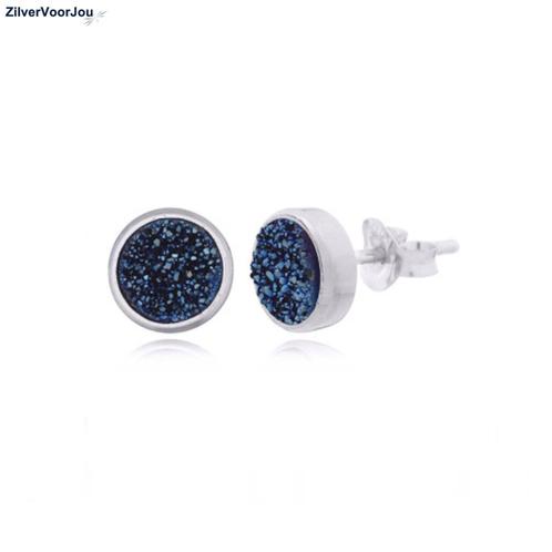 Zilveren druzy oorbellen blauw rond, Sieraden, Tassen en Uiterlijk, Oorbellen, Nieuw, Verzenden