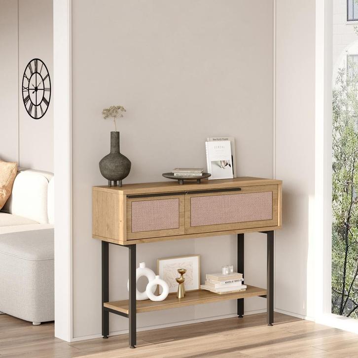 Console tafel Kvænangen 100x29,5x76 cm eikenkleurig rotan lo, Huis en Inrichting, Woonaccessoires | Wandplanken en Boekenplanken