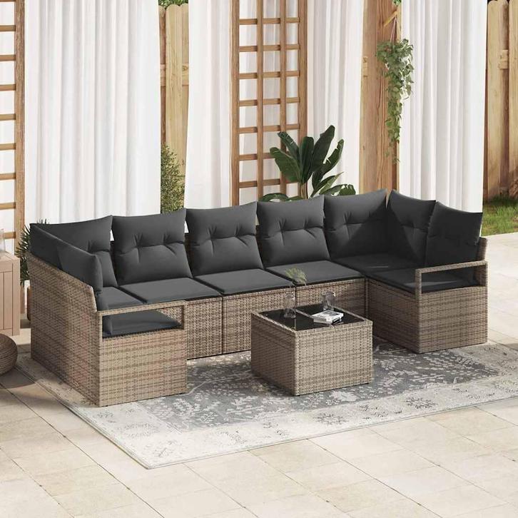 vidaXL Tuin Sofa Set met kussen 8 pcs Grijs Poly rattan,, Tuin en Terras, Tuinsets en Loungesets, Nieuw, Rotan, Verzenden