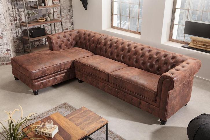 Design hoekbank CHESTERFIELD 270cm Antiek Bruin Microvezel, Huis en Inrichting, Banken | Bankstellen, Ophalen of Verzenden