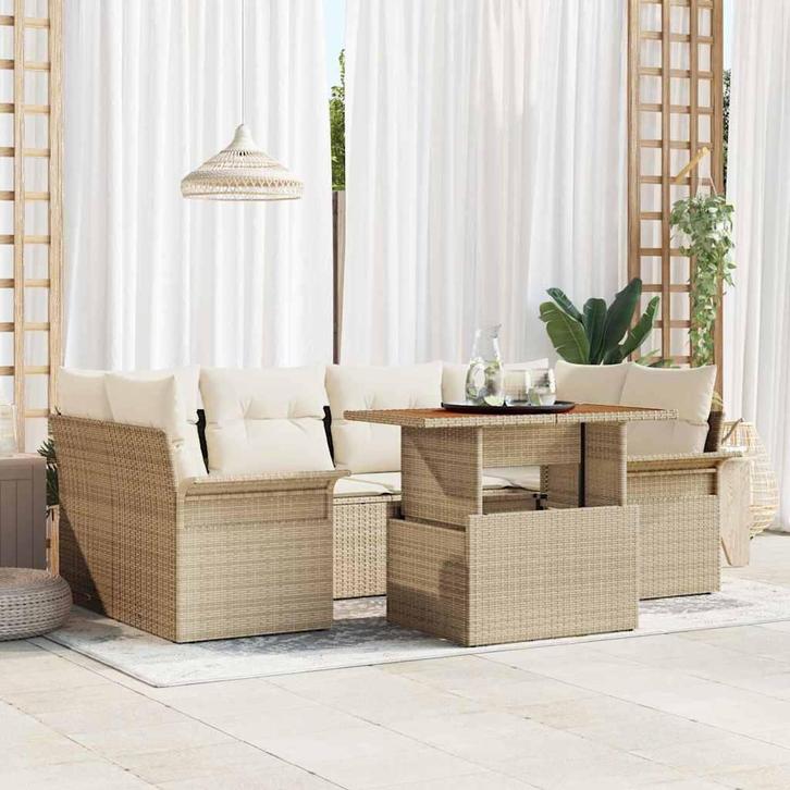 vidaXL Tuin Sofa Set met opslag 7 pcs Beige Poly riet, Tuin en Terras, Tuinsets en Loungesets, Nieuw, Rotan, Verzenden