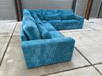 Prachtige blauwe ribstof hoekbank in perfecte staat., 250 tot 300 cm, Hoekbank, 75 tot 100 cm, Zo goed als nieuw