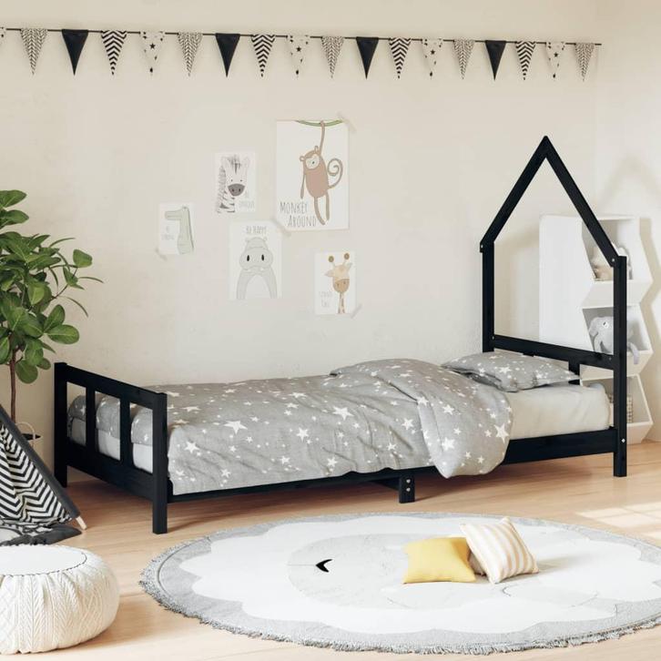 vidaXL Kinderbedframe 90x190 cm massief grenenhout zwart, Kinderen en Baby's, Kinderkamer | Bedden, Nieuw, Verzenden