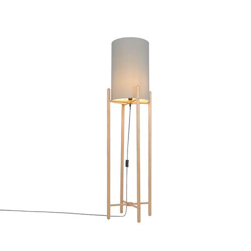 Landelijke vloerlamp hout met grijze kap - Lengi, Huis en Inrichting, Lampen | Vloerlampen, Nieuw, Overige materialen, 100 tot 150 cm