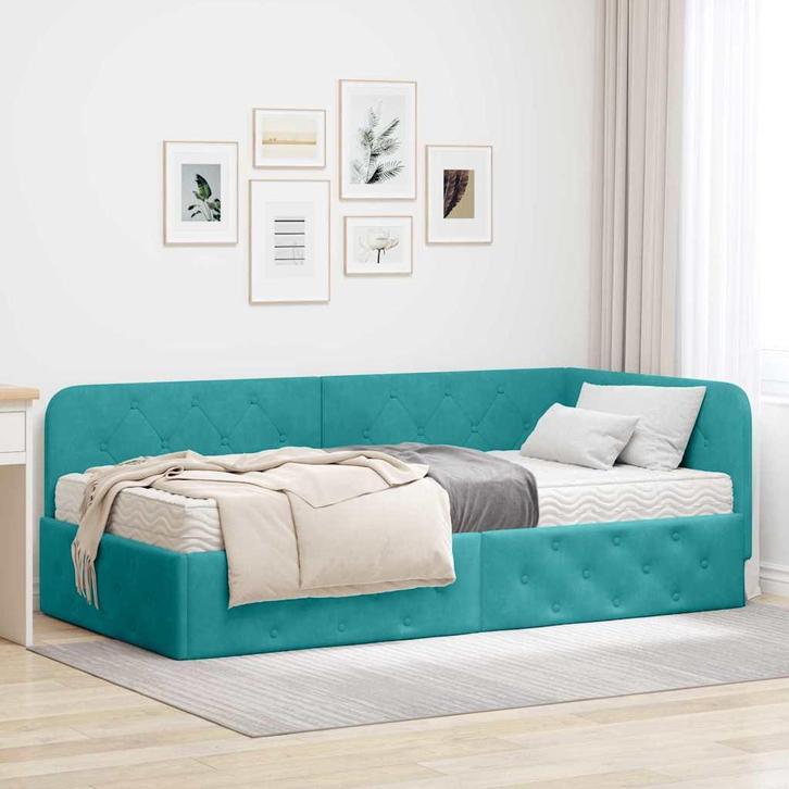 vidaXL Hoekbedframe met matras Turquoise 90 x 200 cm Fluweel, Huis en Inrichting, Slaapkamer | Bedden, Nieuw, Stof, Verzenden